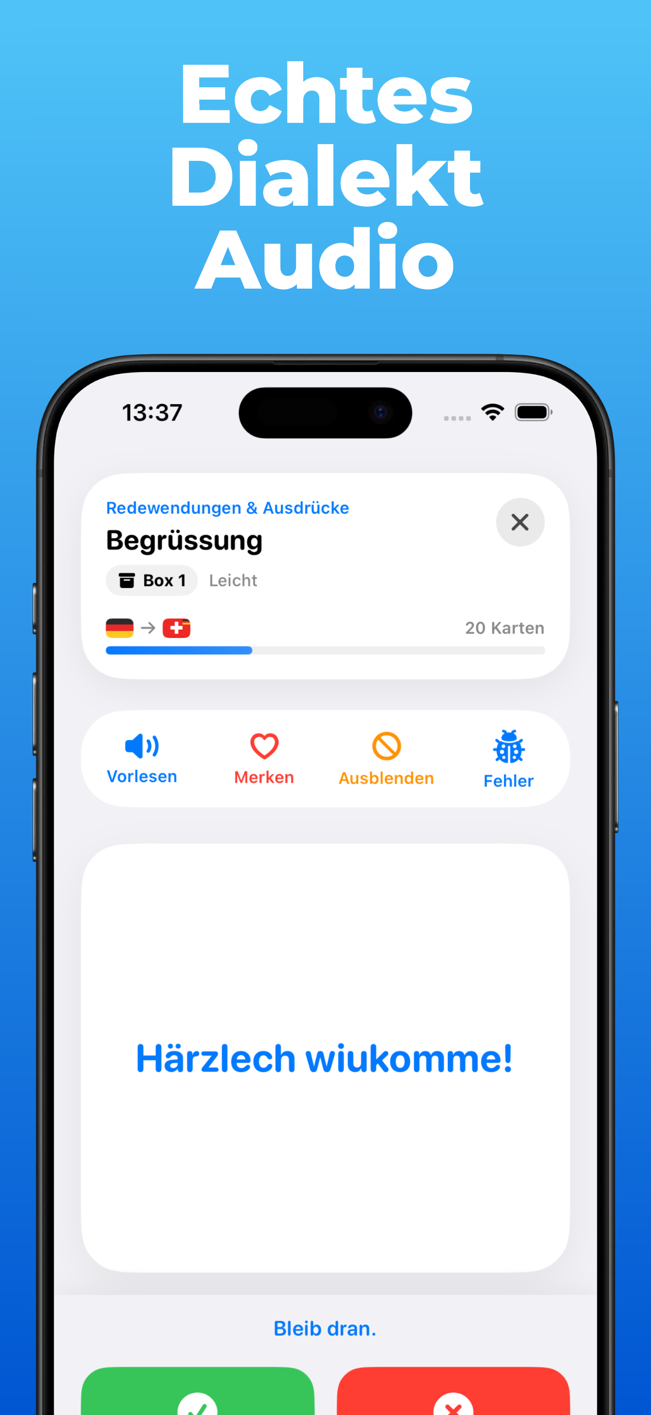 LanguageFast App – Lärncharte mit Schwizerdütsch und Audio
