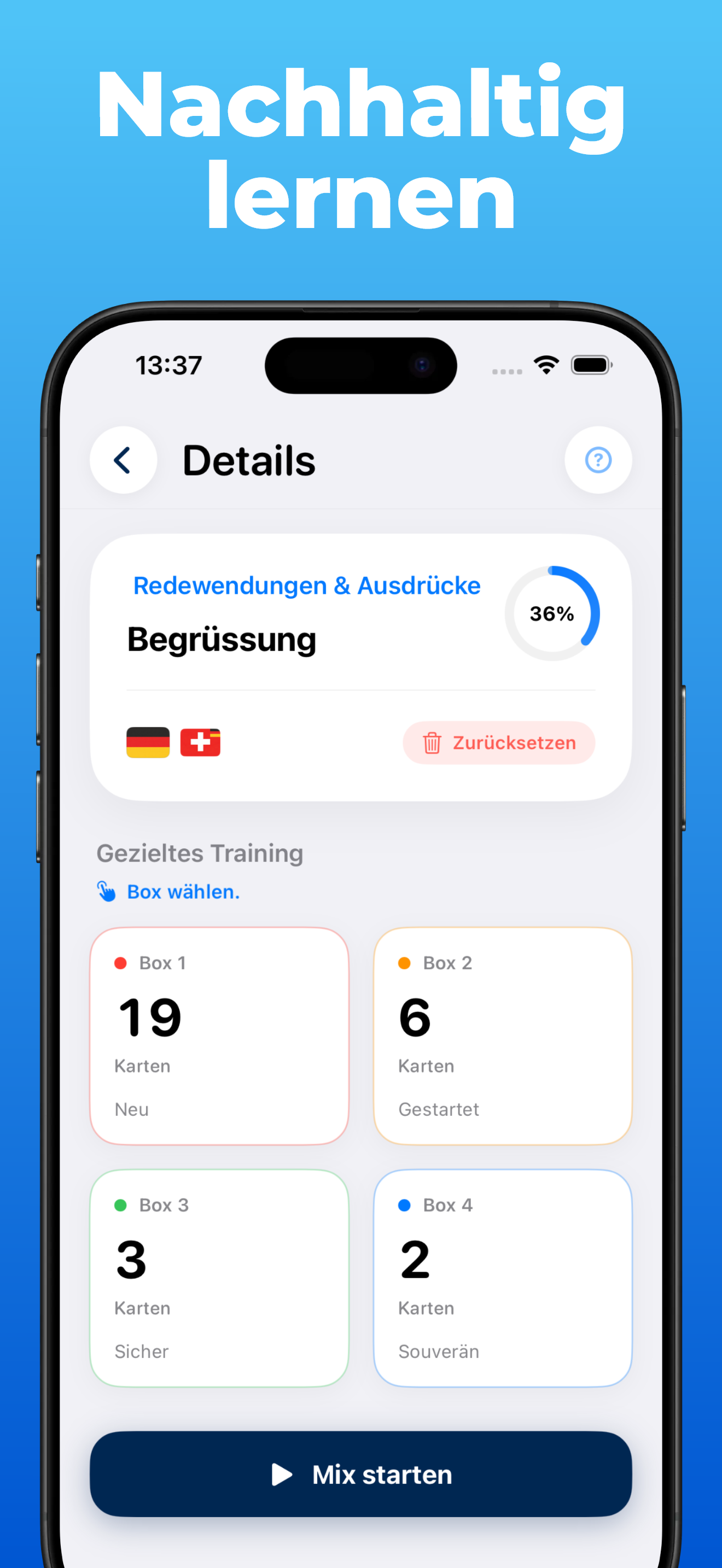 LanguageFast App – Quiz und Leitner-Lärnsystem
