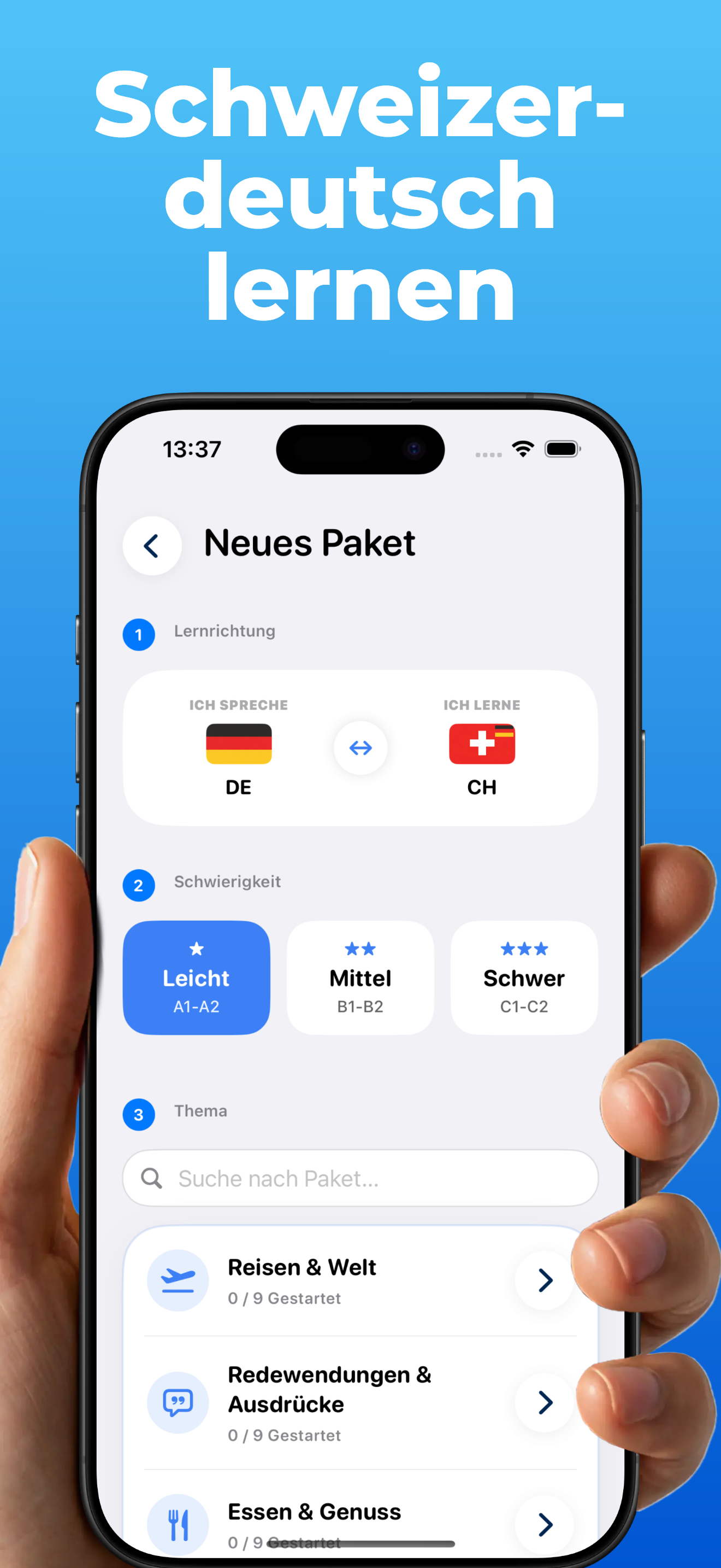 LanguageFast App – Paket einrichten: Lernrichtung, Schwierigkeit und Thema wählen