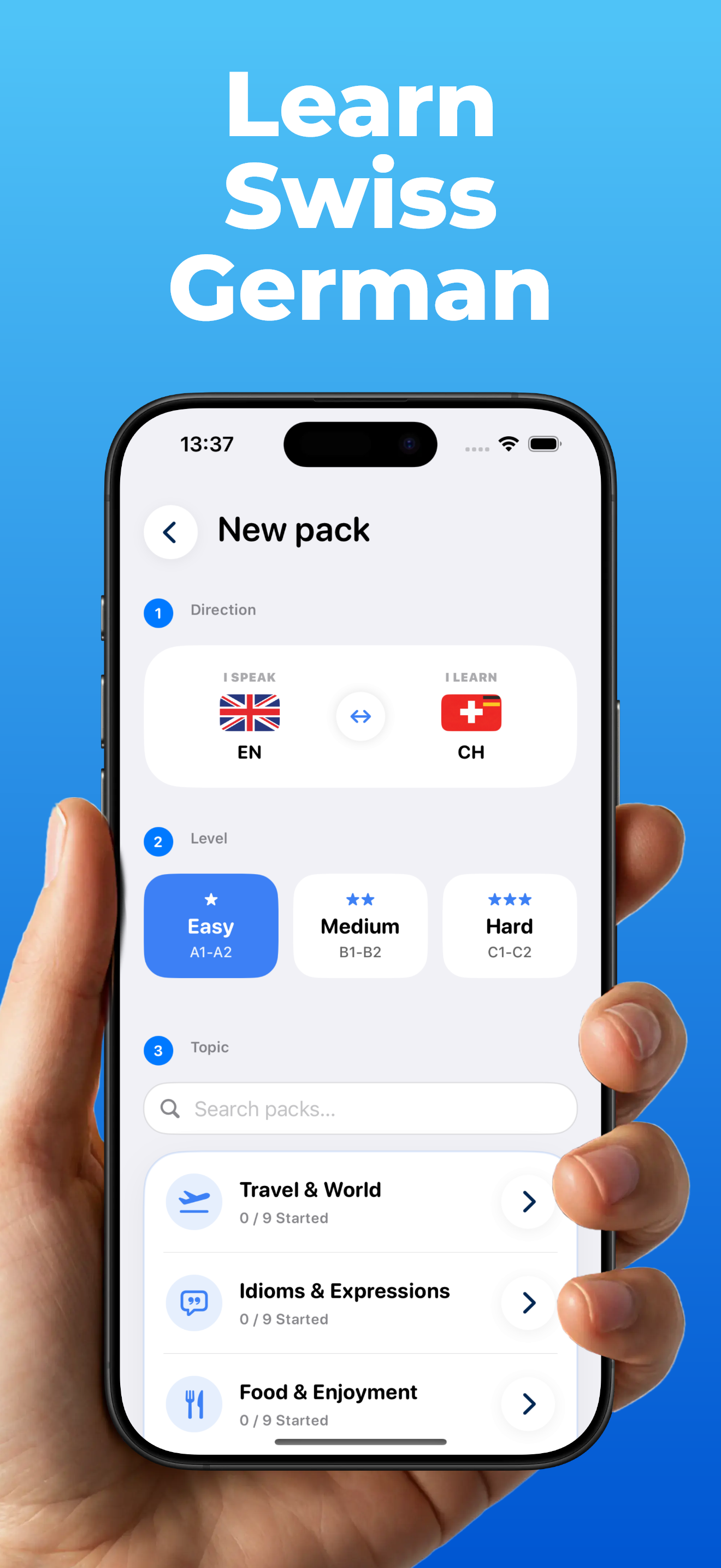 LanguageFast app – set up a pack: choose learning direction, difficulty and topic