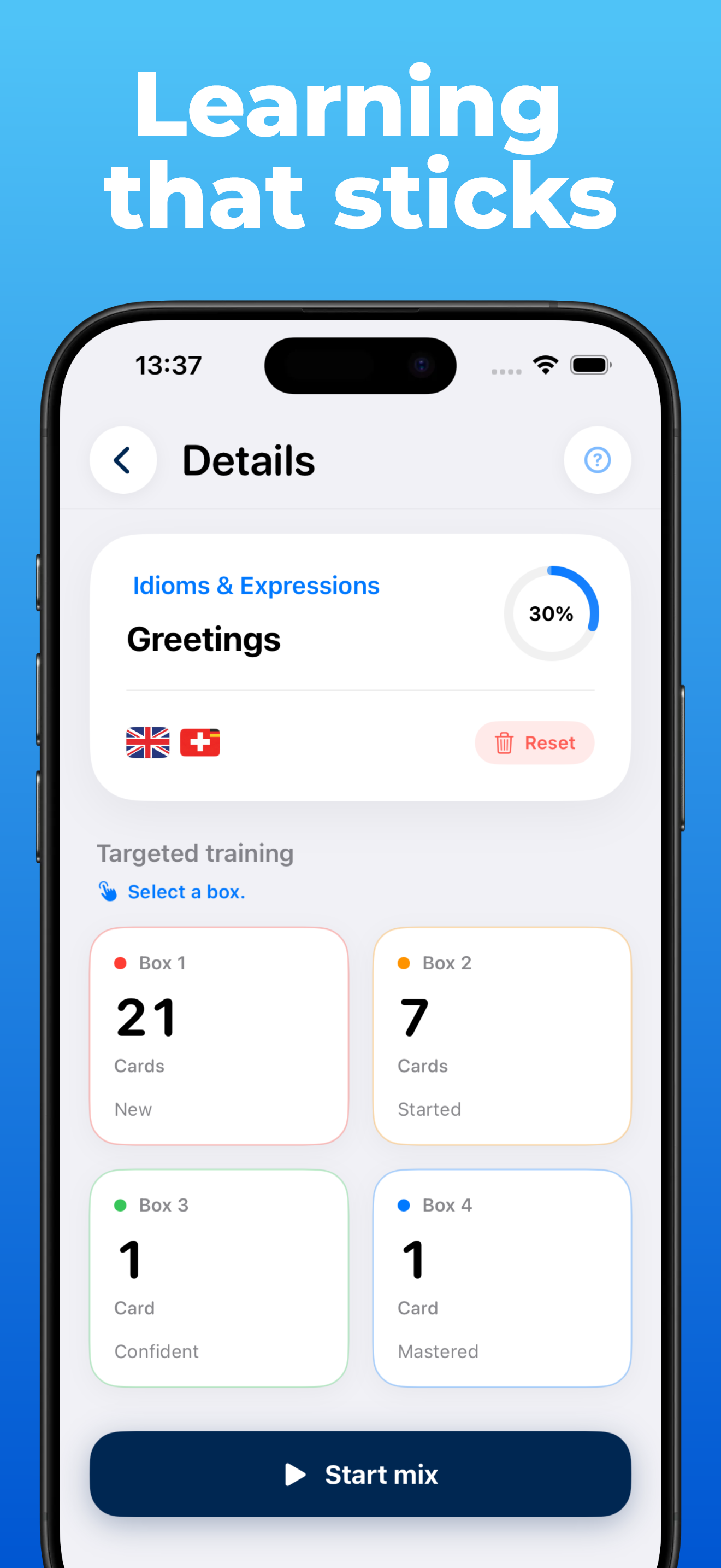 LanguageFast app – quiz and Leitner learning system