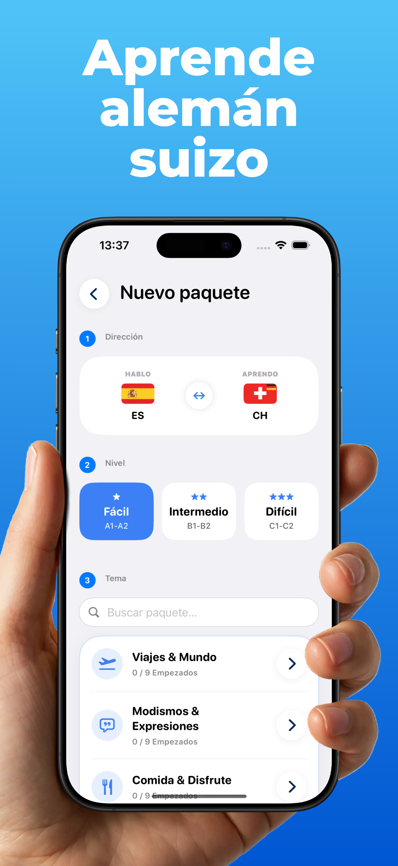 App LanguageFast – configurar un paquete: elegir dirección de aprendizaje, dificultad y tema