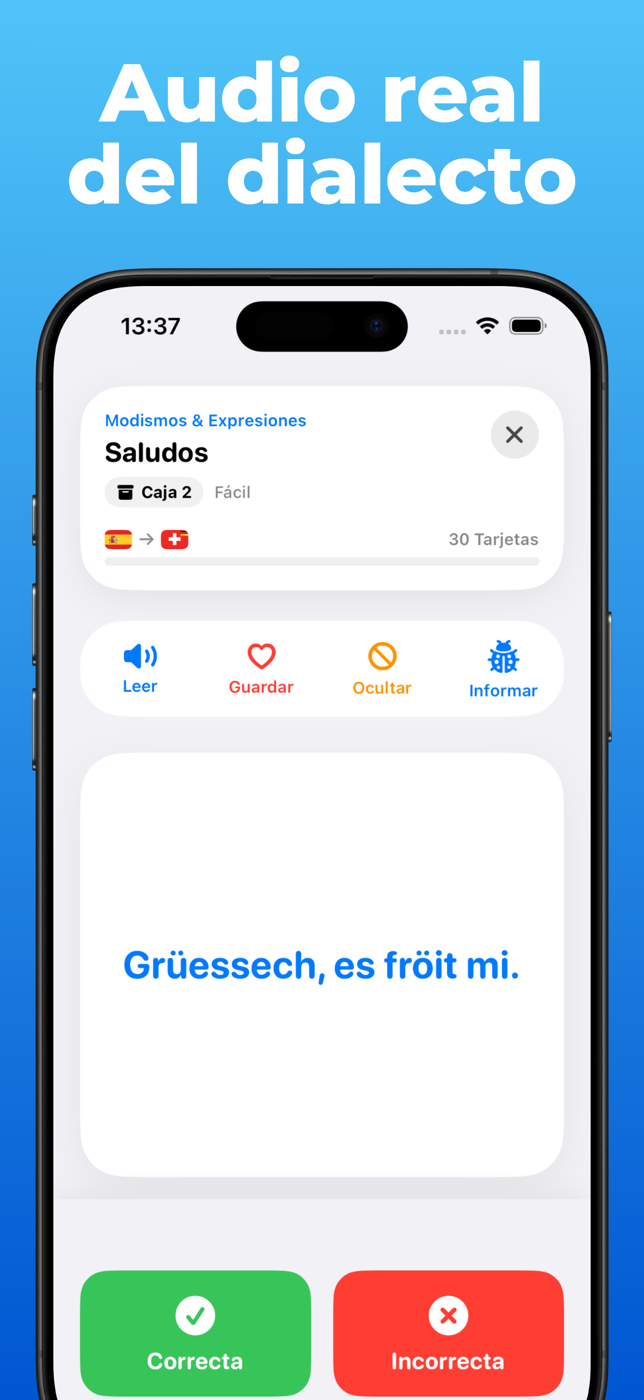 App LanguageFast – tarjetas de aprendizaje con suizo alemán y audio