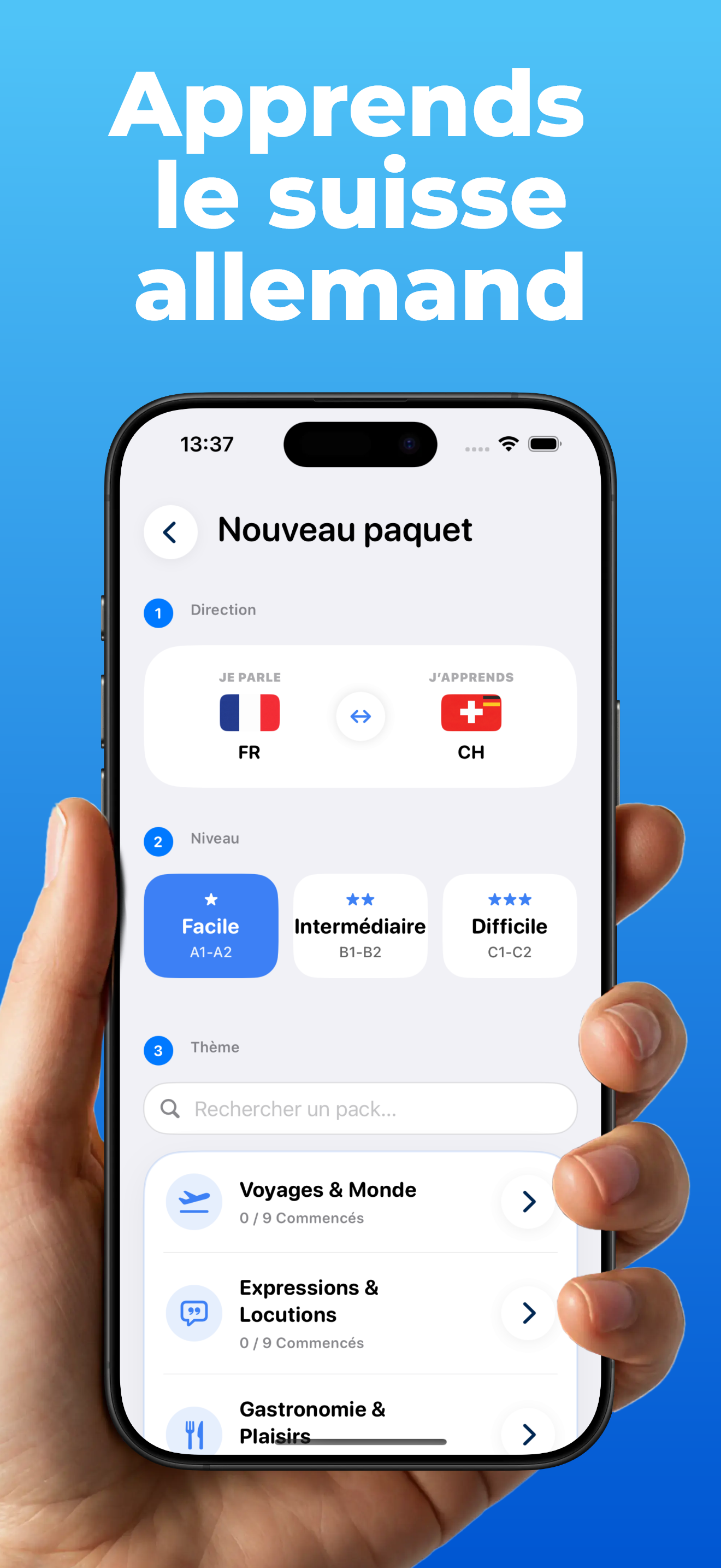 App LanguageFast – configurer un paquet : choisir la direction d'apprentissage, la difficulté et le thème