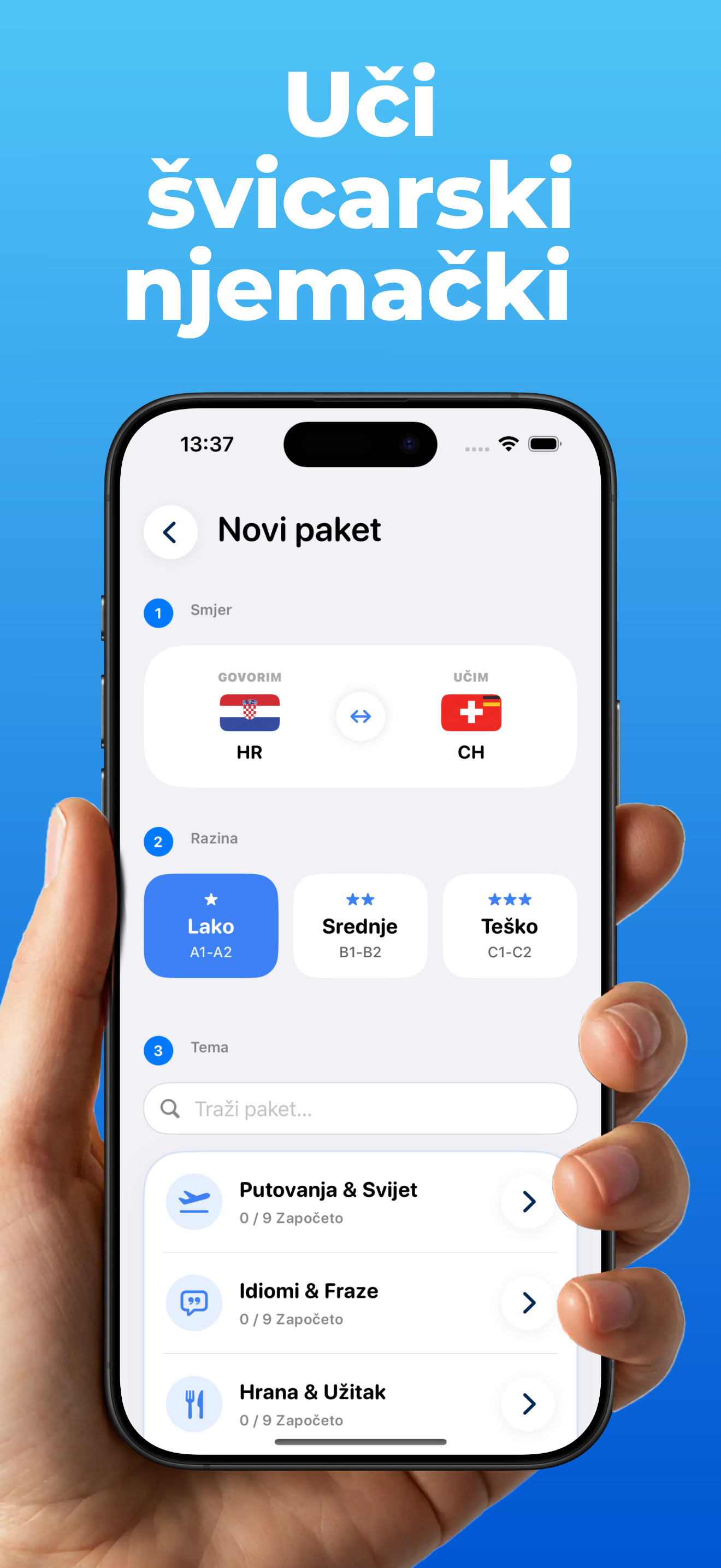 LanguageFast aplikacija – postavljanje paketa: odabir smjera učenja, težine i teme