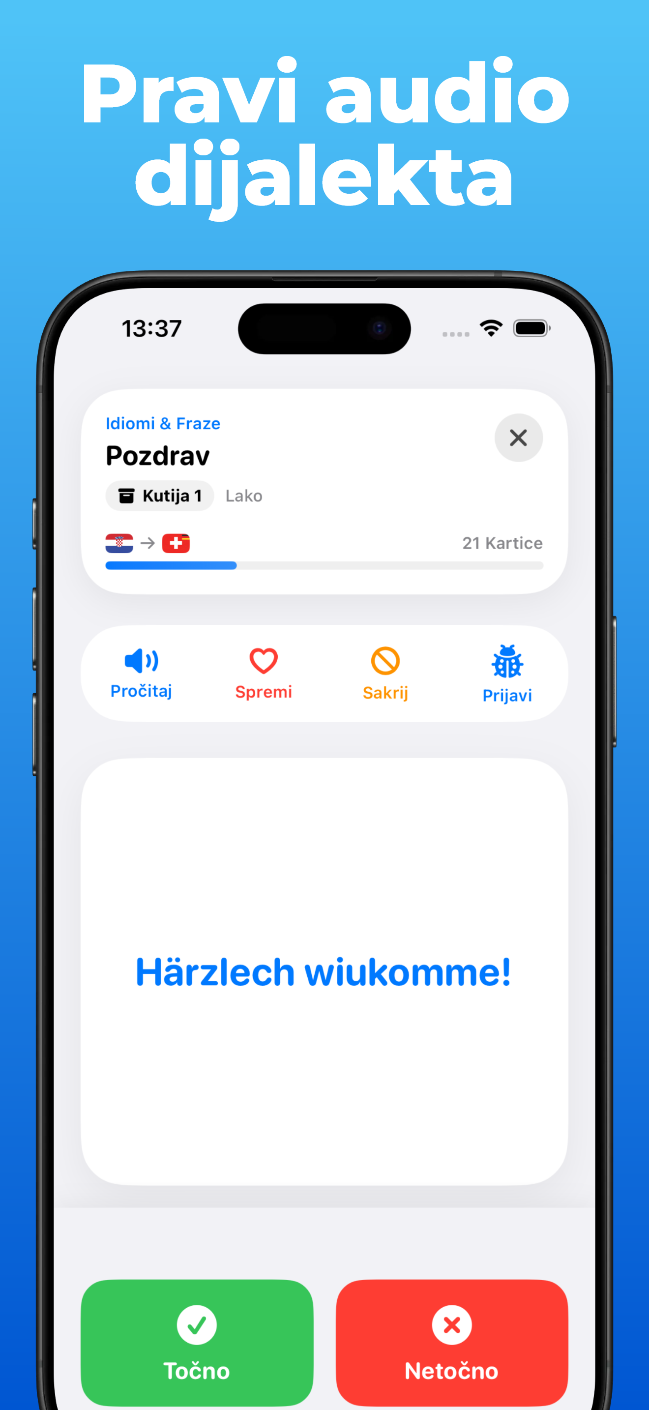 LanguageFast aplikacija – kartice za učenje sa švicarskim njemačkim i zvukom