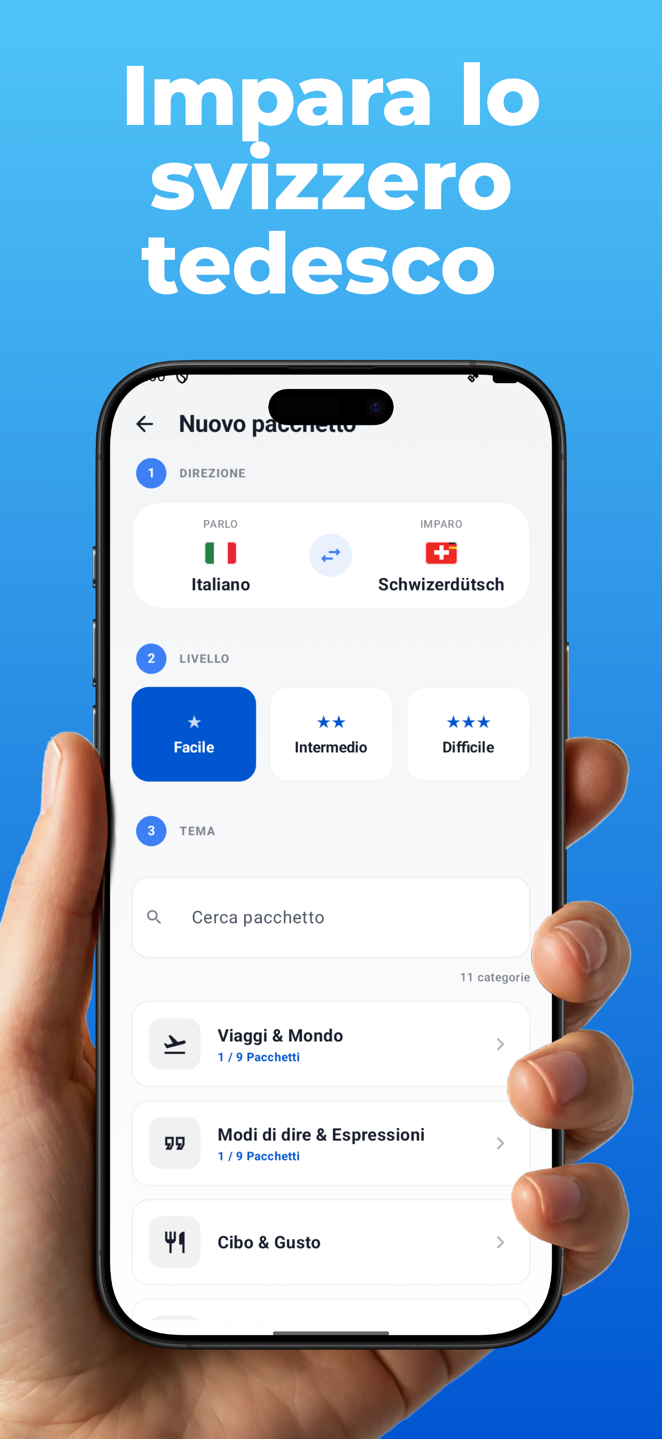 App LanguageFast – configurare un pacchetto: scegliere direzione di apprendimento, difficoltà e tema