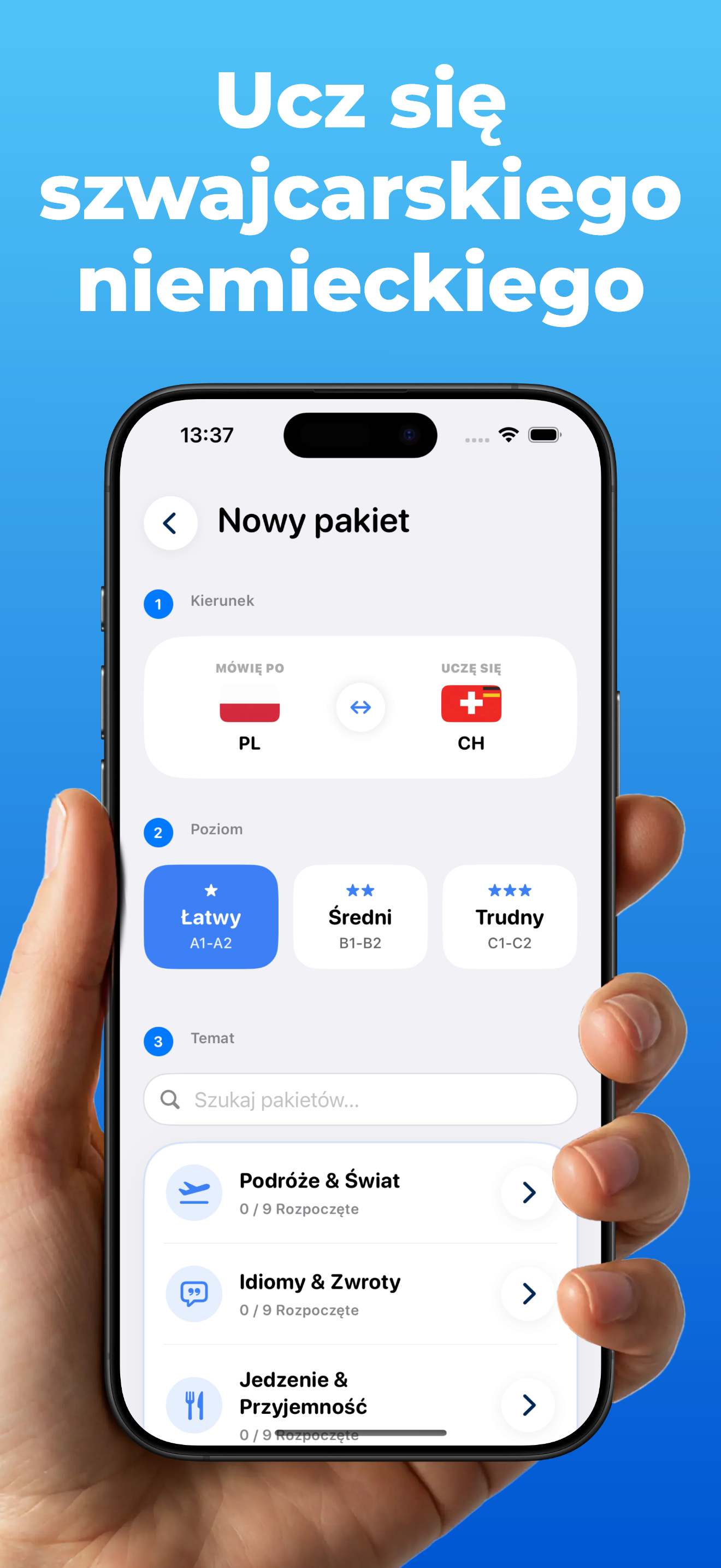 Aplikacja LanguageFast – konfiguracja pakietu: wybór kierunku nauki, poziomu trudności i tematu