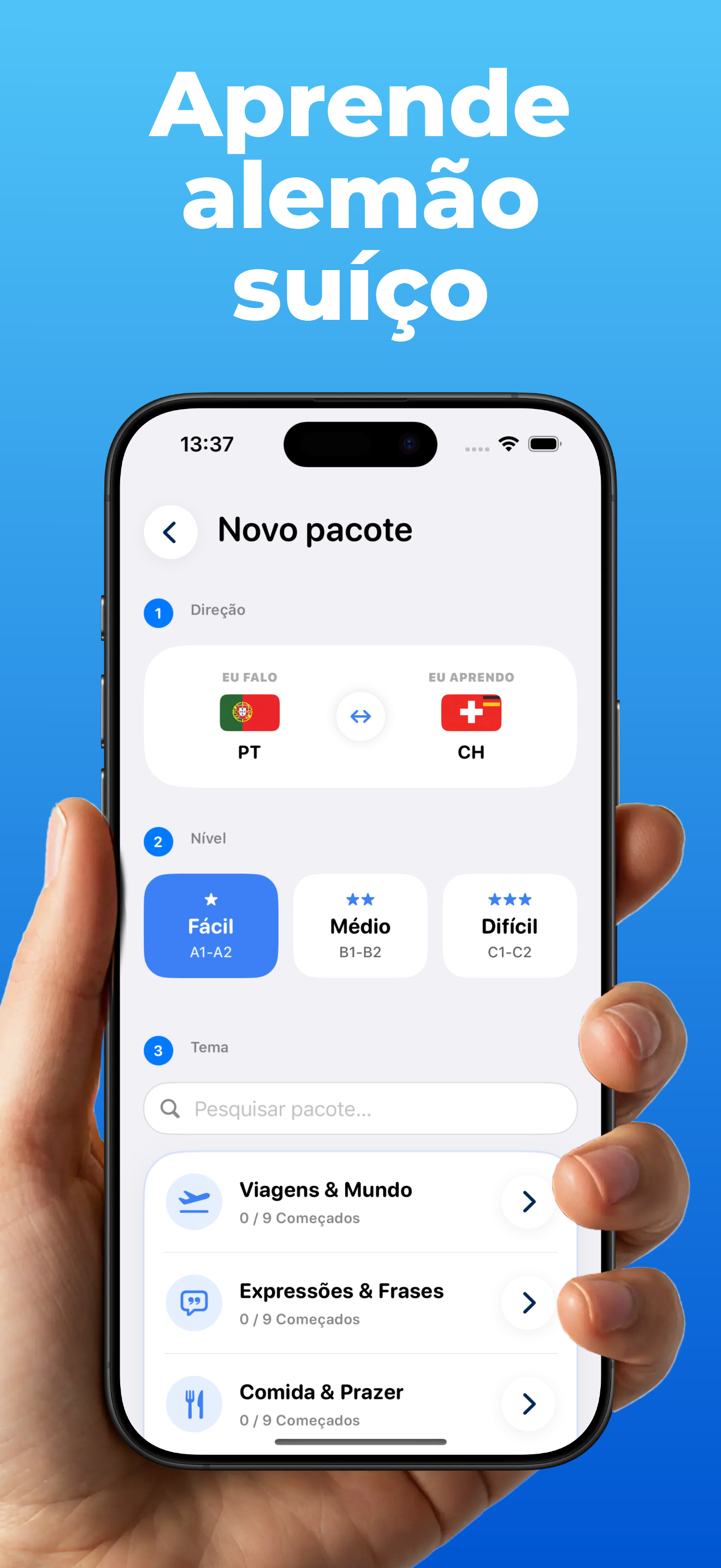 App LanguageFast – configurar um pacote: escolher direção de aprendizagem, dificuldade e tema