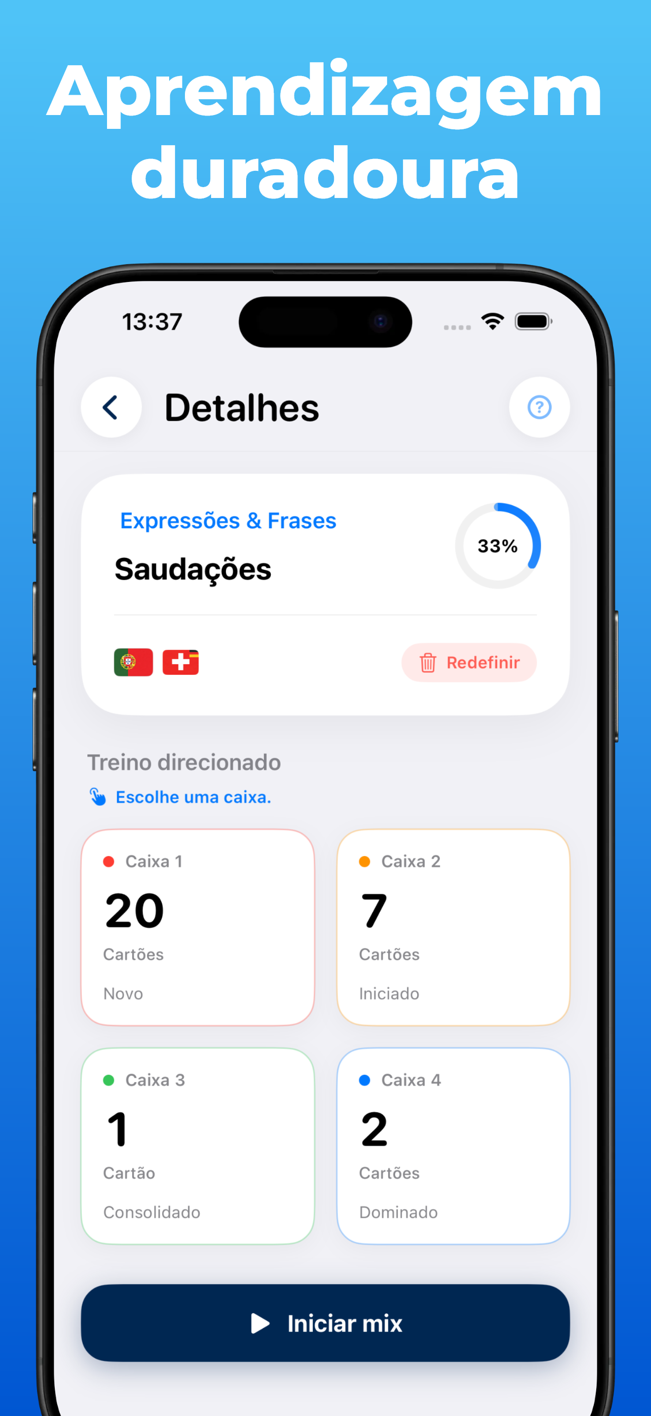 App LanguageFast – quiz e sistema de aprendizagem Leitner