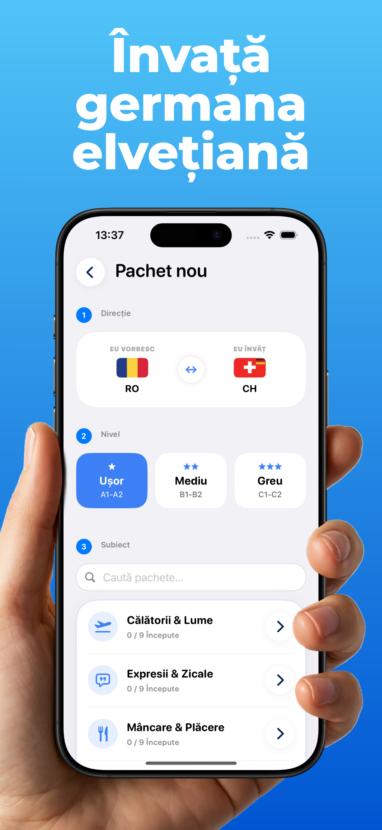 Aplicația LanguageFast – configurează un pachet: alege direcția de învățare, dificultatea și tema