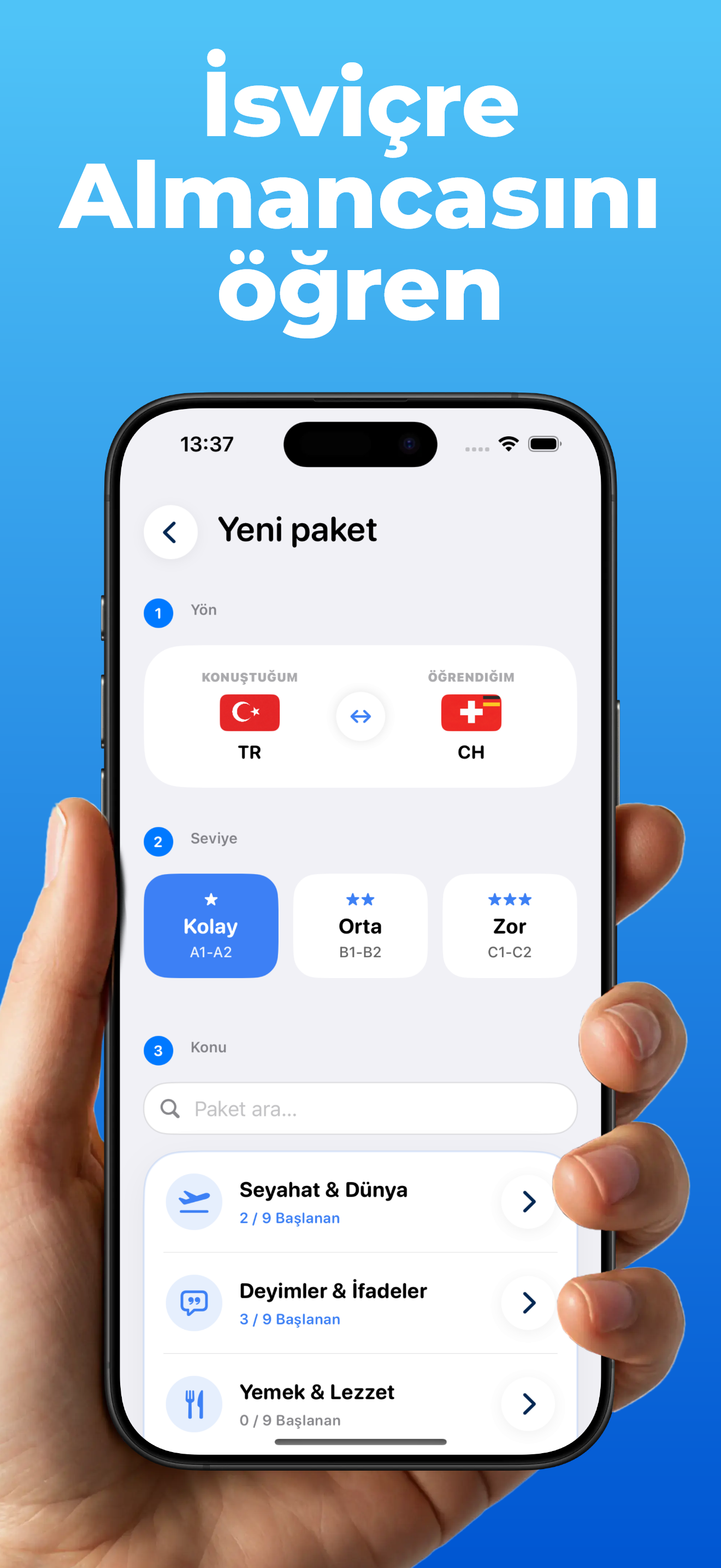 LanguageFast uygulaması – paket kurma: öğrenme yönünü, zorluğu ve konuyu seçme