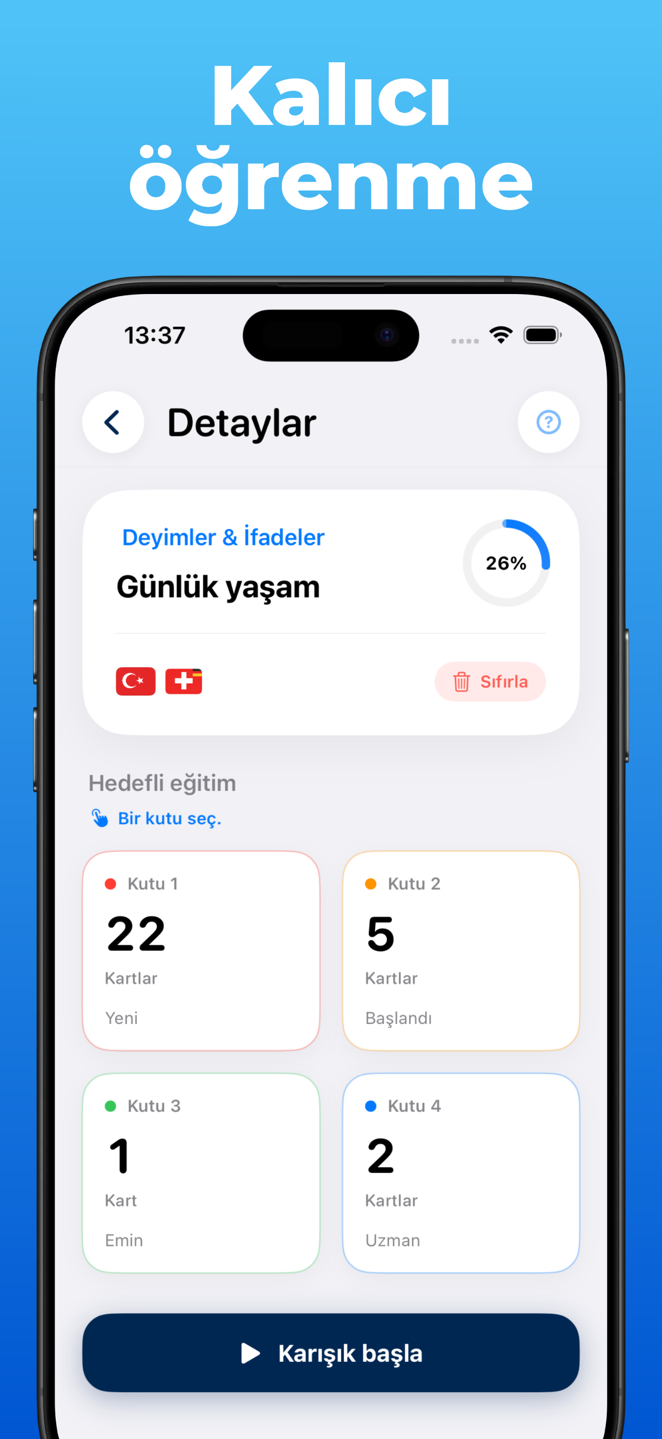 LanguageFast uygulaması – quiz ve Leitner öğrenme sistemi